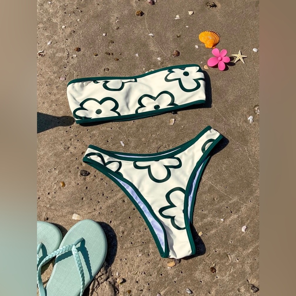 NEW Shein Floral Print Bikini Swimsuit Set cream and green medium